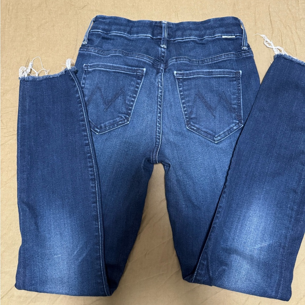 MOTHER Dark Blue Raw Hem Skinny Jeans